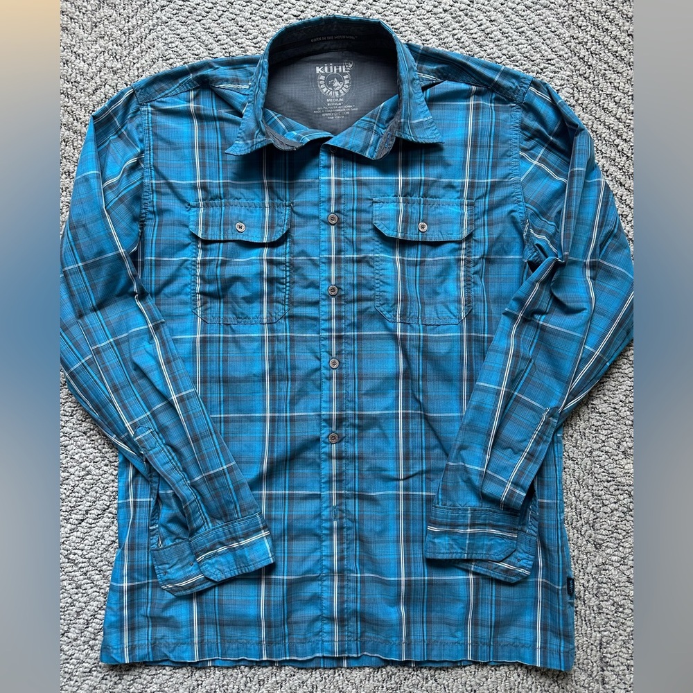 Kuhl Response Eluxur medium blue button down plaid shirt